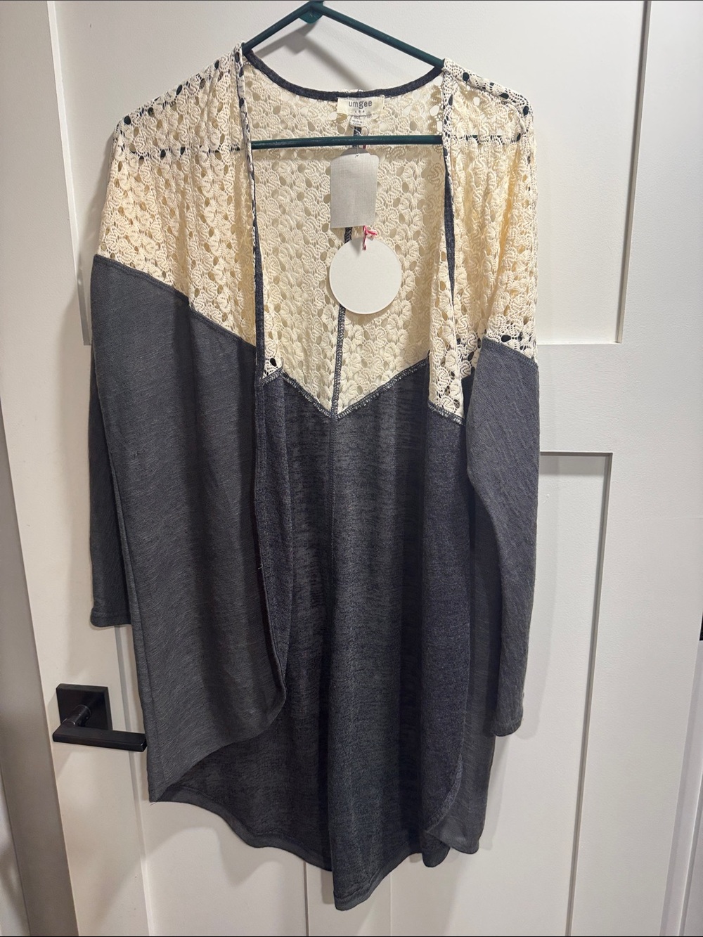 Umgee Cream Lace Yoke Open Cardigan with Gray Knit